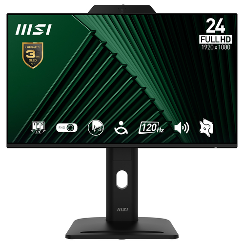 MSI PRO MP242PMG 23.8 Inch Monitor, FHD (1920 x 1080), 120Hz, IPS, 1ms, 1x HDMI 1.4b, 1x DP 1.2a, 1x D-Sub(VGA), 2xUSB 5Gbps Type-A, 1x USB 5Gbps Type-B, Built-in Speakers, Webcam, Anti-Glare, Anti-Flicker, Less Blue light, TÜV Certified, VESA, Kensington