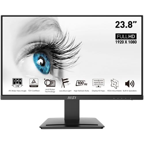 MSI PRO MP243X 23.8 Inch Monitor, Full HD (1920 x 1080), 100Hz, IPS, 4ms, HDMI, DisplayPort, Built-in Speakers, Anti-Glare, Anti-Flicker, Less Blue light, TÜV Certified, VESA, Kensington, Black