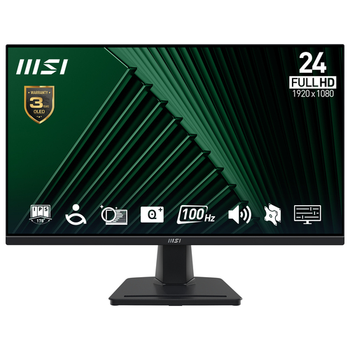 MSI PRO MP245G 24 Inch Monitor, FHD (1920 x 1080), 100Hz, IPS, 1ms, 1x HDMI 1.4b, 1x DP 1.2a output, 1x D-Sub(VGA), Built-in Speakers, Anti-Glare, Anti-Flicker, Less Blue light, TÜV Certified, VESA, Kensington, Black