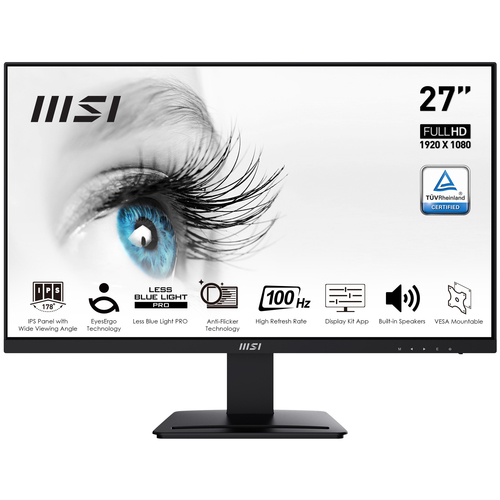 MSI PRO MP273A 27 Inch Monitor, Full HD (1920 x 1080), 100Hz, IPS, 4ms, HDMI, DisplayPort, VGA, Built-in Speakers, Anti-Glare, Anti-Flicker, Less Blue light, TÜV Certified, VESA, Kensington, Black