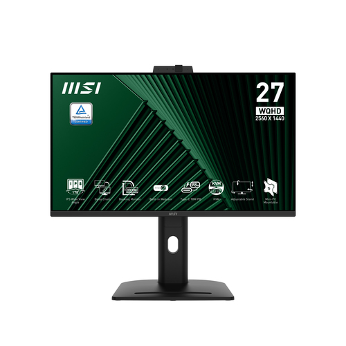 MSI PRO MP275QPDG 27 Inch Monitor, QHD (2560 x 1440), 100Hz, IPS, 1ms, 2x HDMI 2.0b, 1x DP 1.2a input, 1x DP 1.2a output, 1x Type-C (DP alt.) w/ 98W PD, 1x LAN, 4xUSB 5Gbps Type-A, 1x USB 5Gbps Type-B, Built-in Speakers, Webcam, Daisy Chain, HDR Ready, An