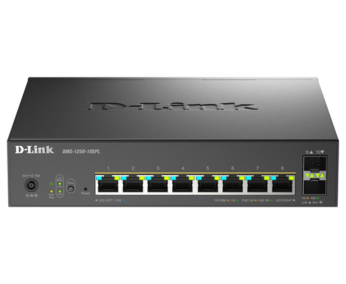 D-Link 10-Port Multi-Gigabit Smart Managed PoE+ Switch including 8 multi-Gigabit 2.5G PoE and 2 10G SFP+ ports
